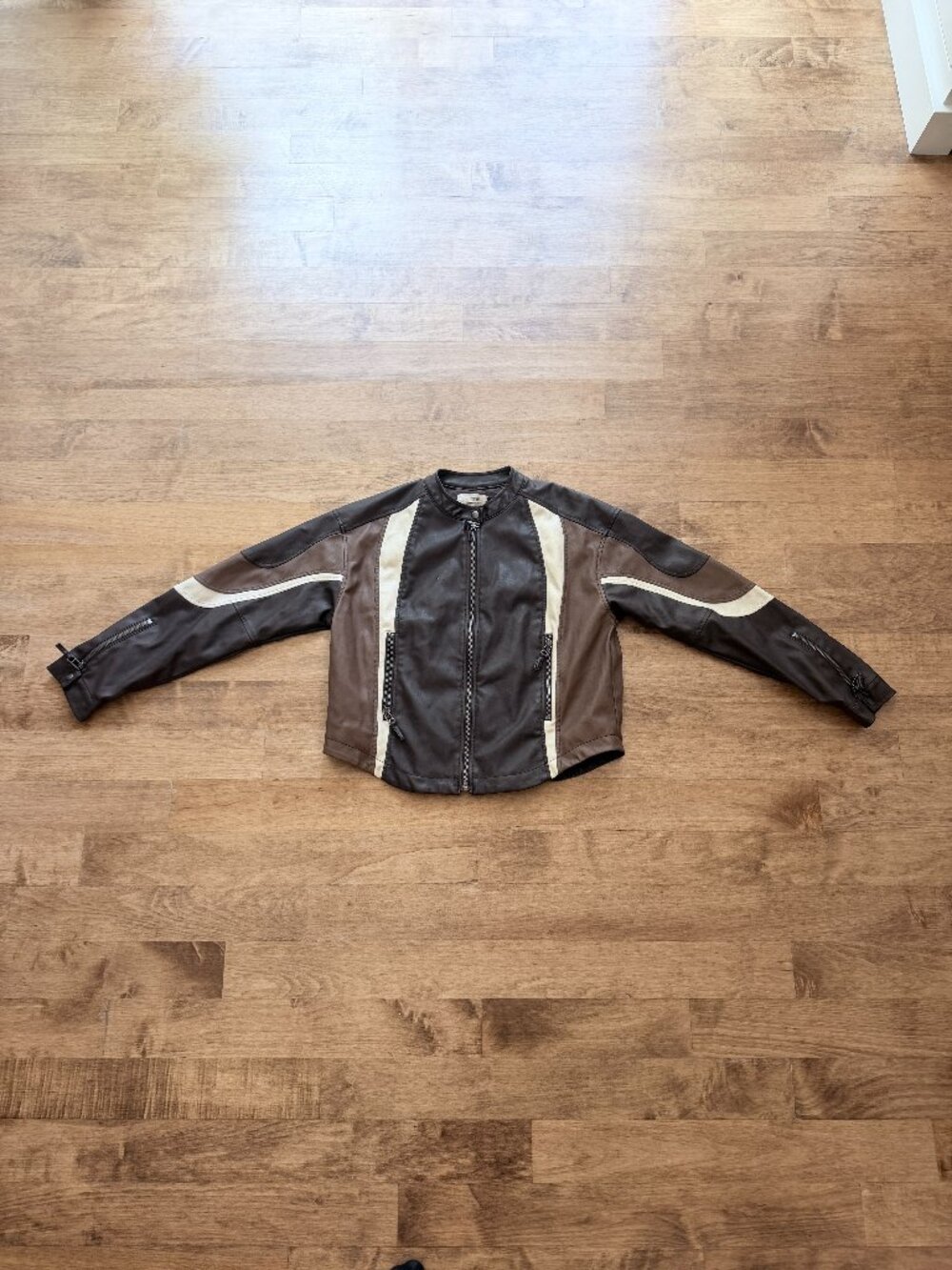 ANTHROPOLOGIE COLORBLOCK FAUX LEATHER MOTO JACKET, SIZE SMALL